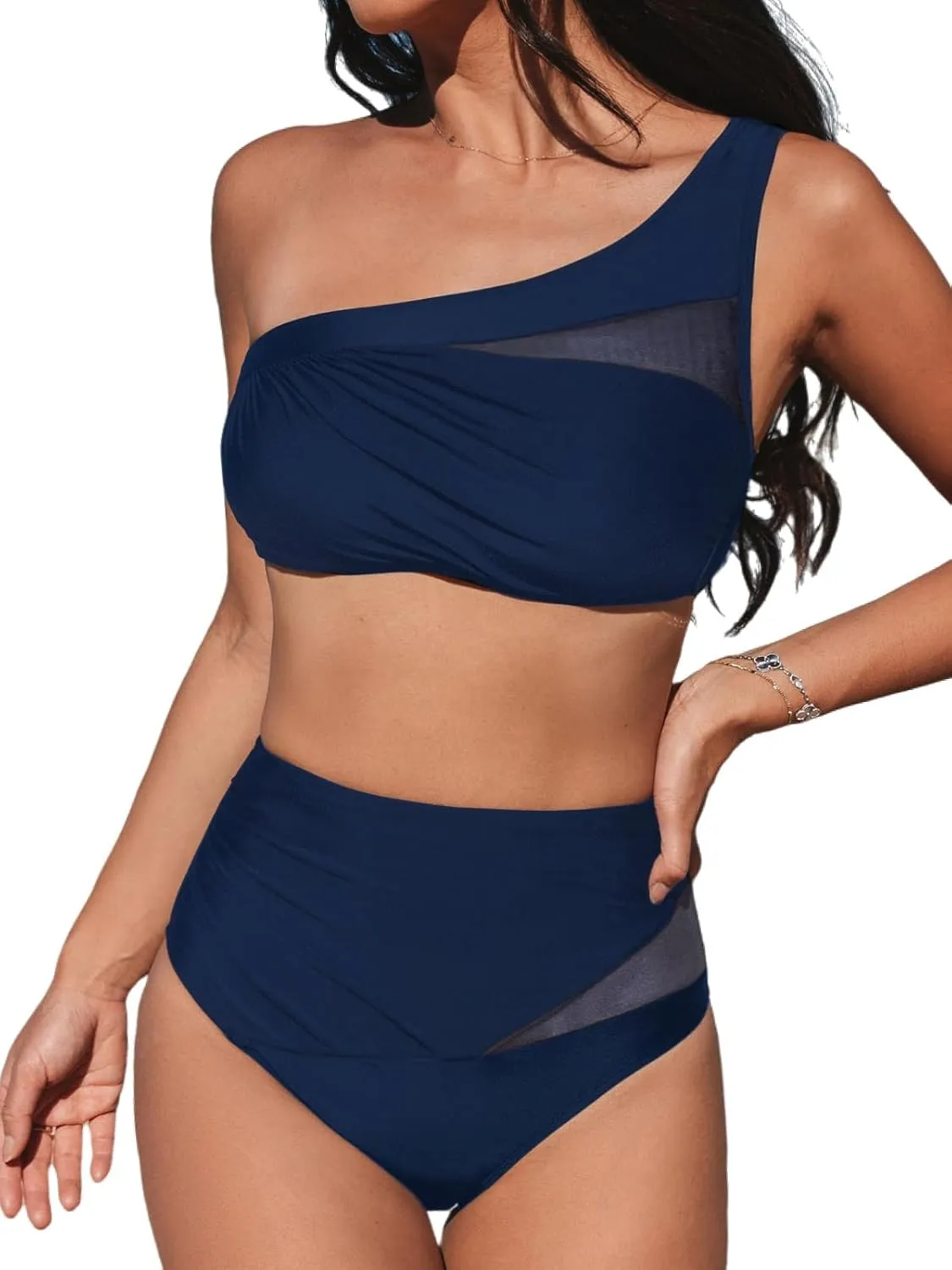 CUPSHE Women's Bikini Sets One Shoulder Two Piece Swimsuit High Waisted Asymmetrical Neck Ruched Cutout Mesh