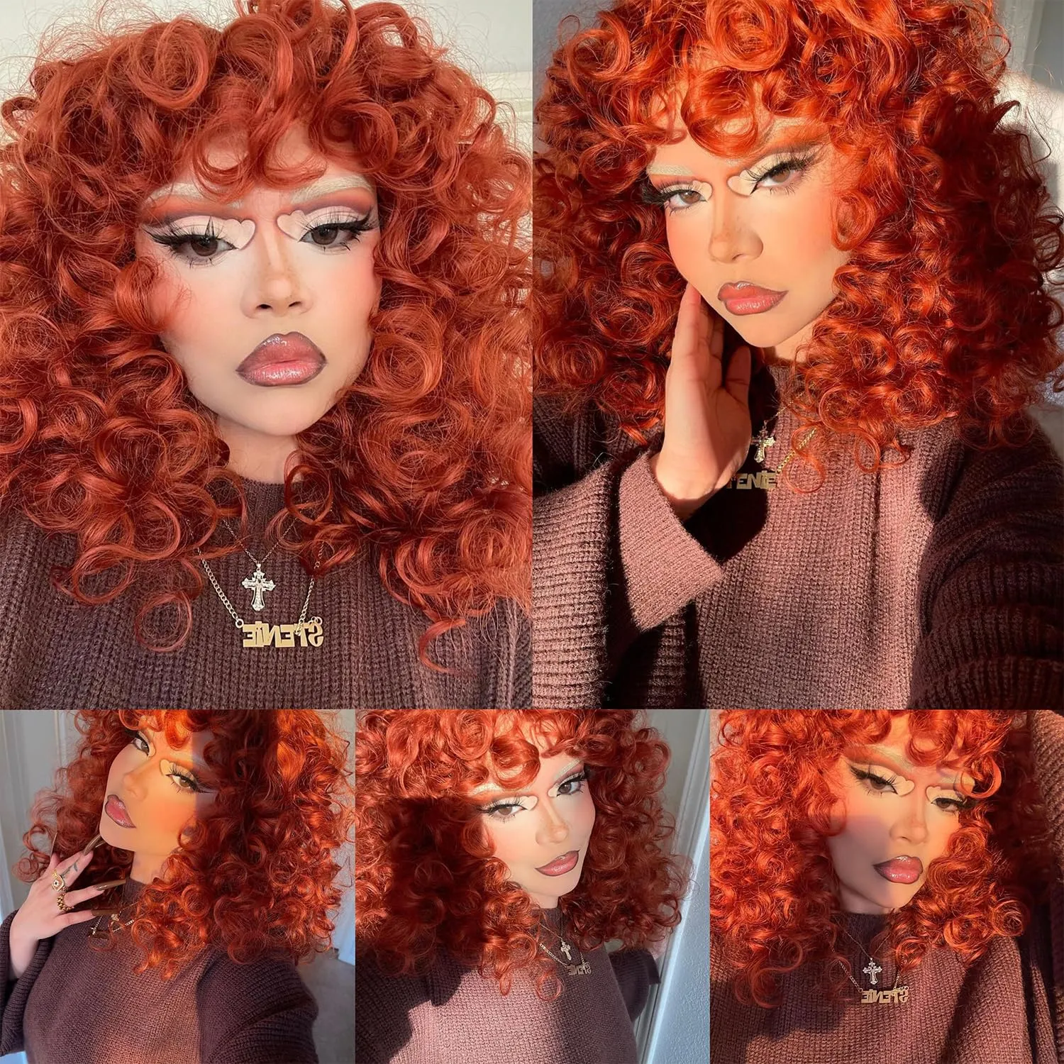 Curly Wig with Bangs, 20 Inch, Ginger, Synthetic Hair, Heat Resistant, Modern Style, Female, 22.5 Inch Cap Size, Curly Wig with Bangs for White & Black Women, Cosplay & Daily Use