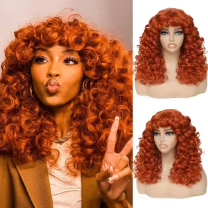 Curly Wig with Bangs, 20 Inch, Ginger, Synthetic Hair, Heat Resistant, Modern Style, Female, 22.5 Inch Cap Size, Curly Wig with Bangs for White & Black Women, Cosplay & Daily Use