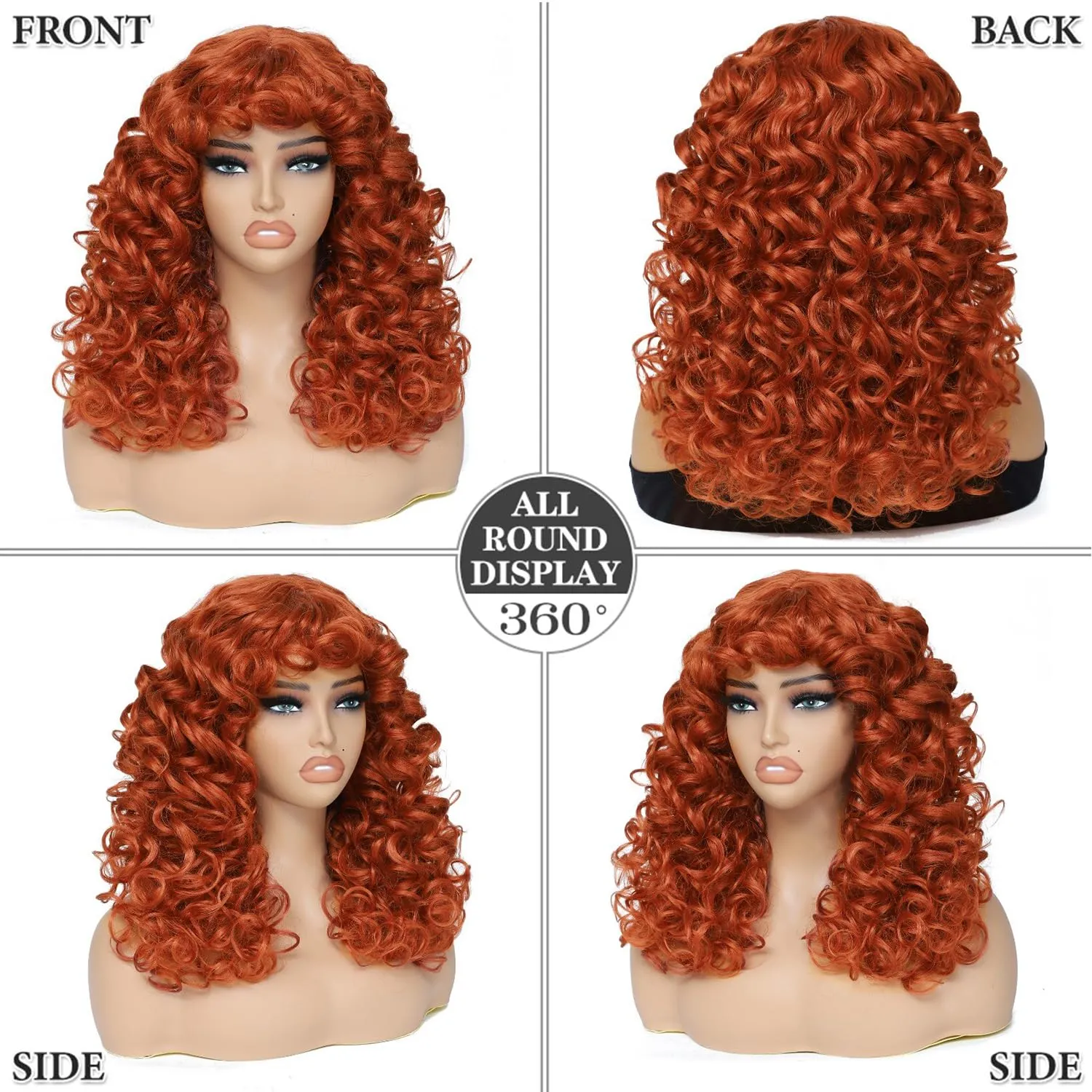 Curly Wig with Bangs, 20 Inch, Ginger, Synthetic Hair, Heat Resistant, Modern Style, Female, 22.5 Inch Cap Size, Curly Wig with Bangs for White & Black Women, Cosplay & Daily Use