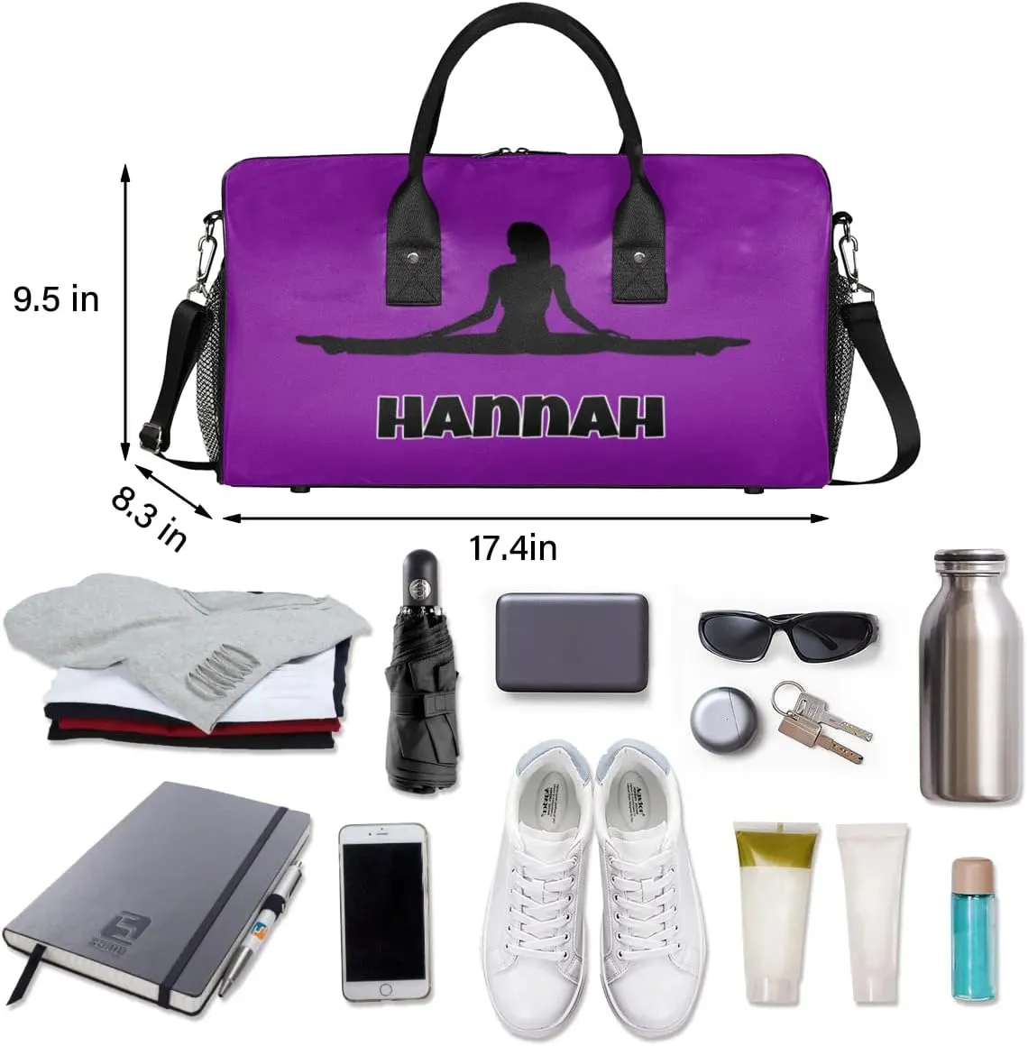 Custom Dark Purple Gym Dance Bag for Women, Personalized Sports Yoga Fitness Bag for Teens Waterproof Weekender Carry Practice Travel Bag