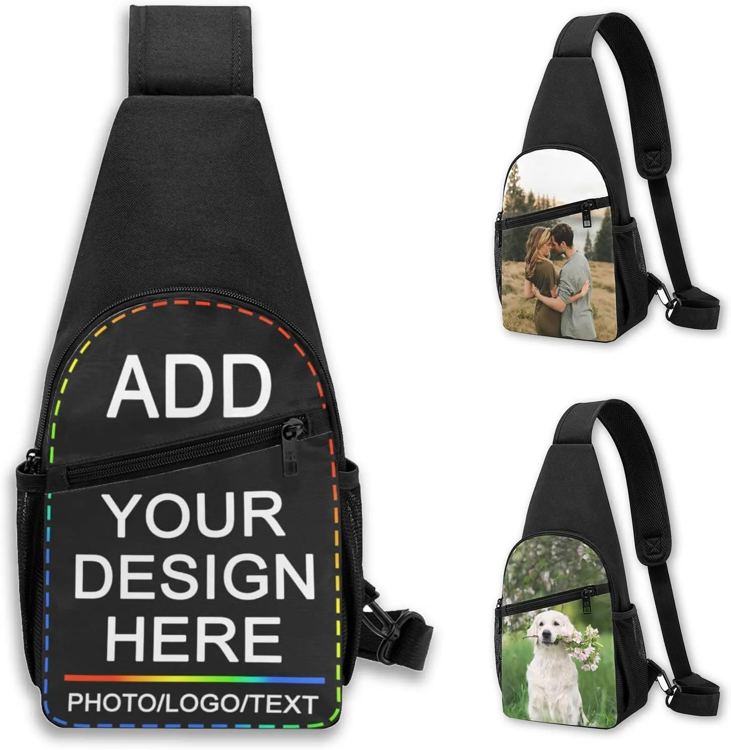 Custom Sling Backpack, Personalized Zipper Chest Bag with Your Photo Logo Text for Travel Hiking Cycling, Customized Casual Cross Body Bags Gifts for Men Women