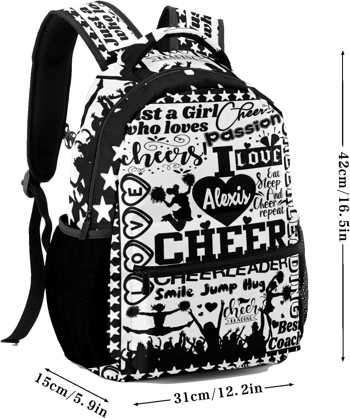 Custom Student Bag Gifts with Name Cheerleader Cheer White Black Kids' Backpack Large Capacity Shoulder Bookbag Casual Bag for Teens
