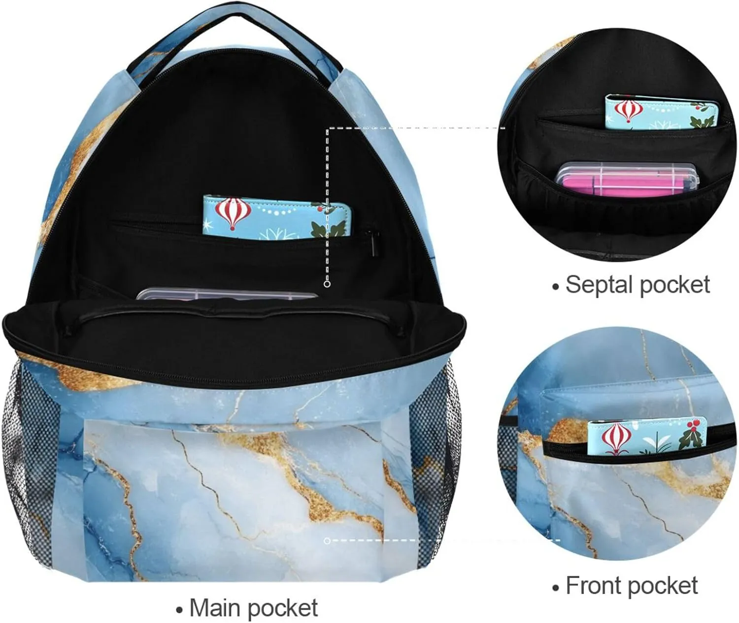 Cute Backpack for Men Women Fashion Sports Backpack with Chest Strap for College Work Marble White Blue