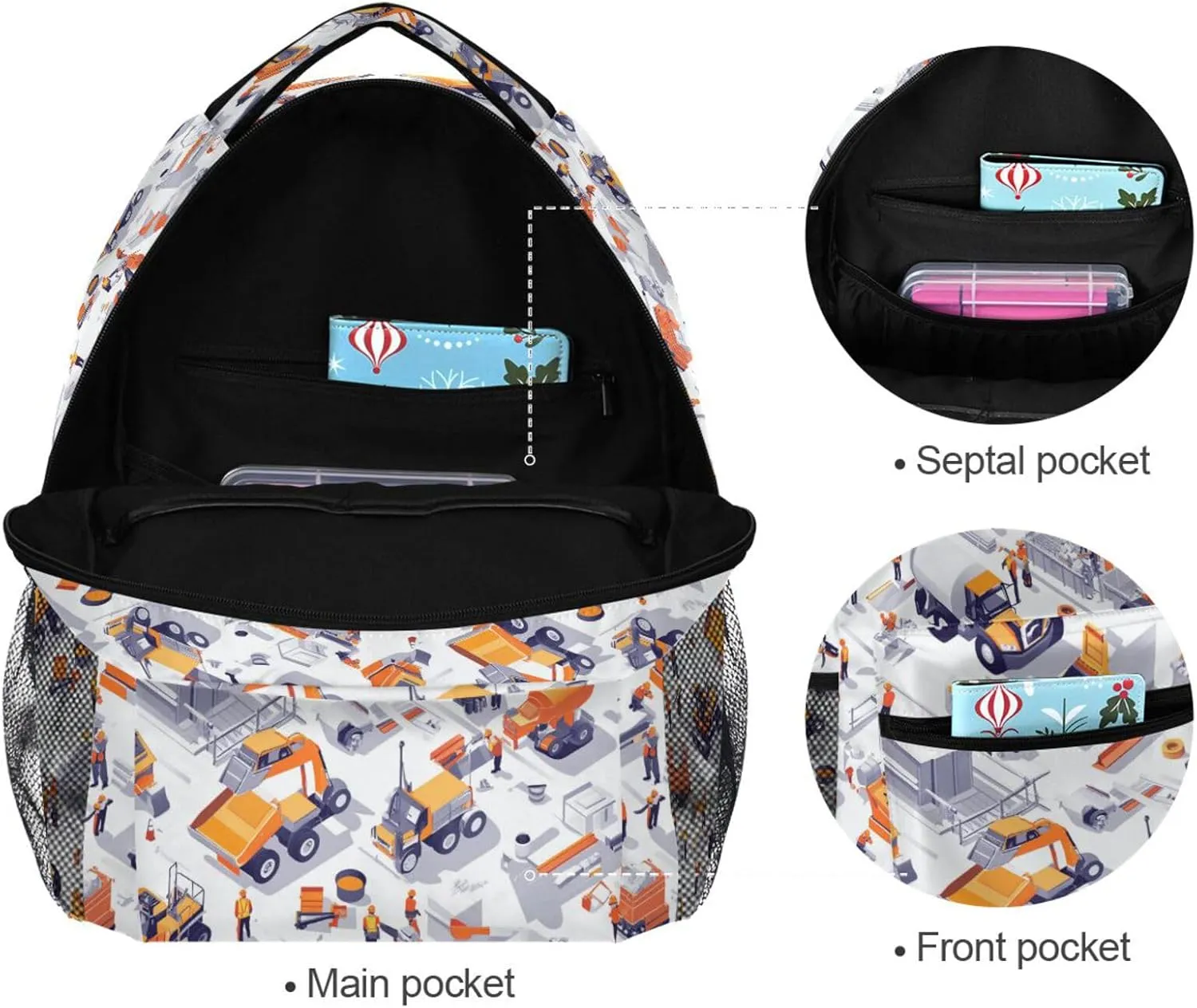 Cute Backpack for Teacher Nurse Fashion Outdoor Backpack with Chest Strap for Business Work College Travel Trip Construction Scene Concrete Mixer Truck