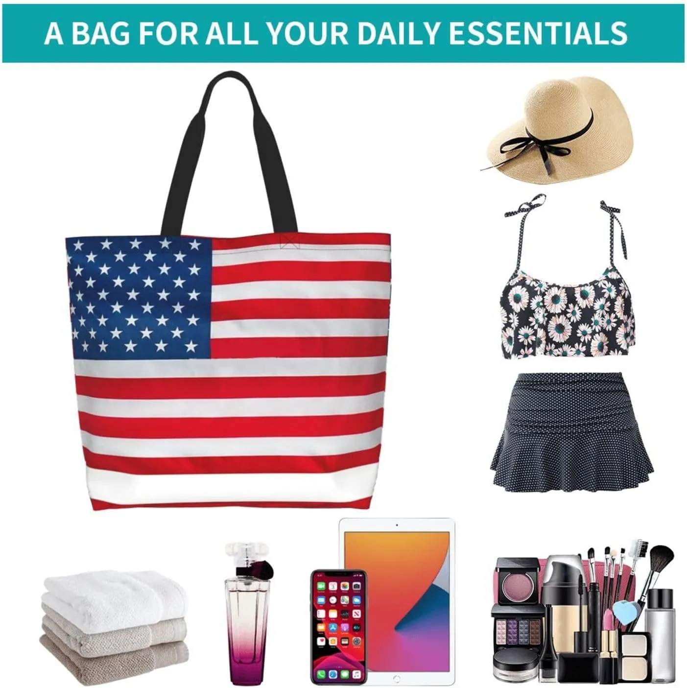 Cute Flag Tote Bag for Women Men Reusable Patriotic Beach Grocery Shopping Bag for Outdoor Gym Shopping