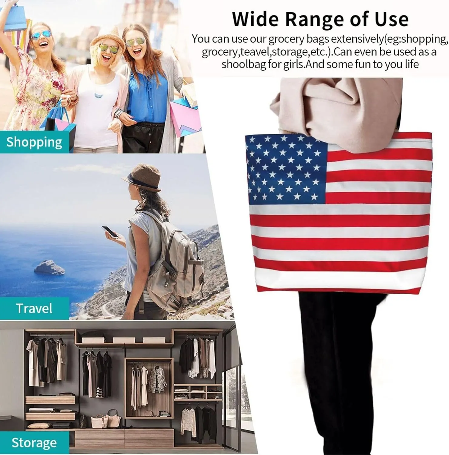 Cute Flag Tote Bag for Women Men Reusable Patriotic Beach Grocery Shopping Bag for Outdoor Gym Shopping