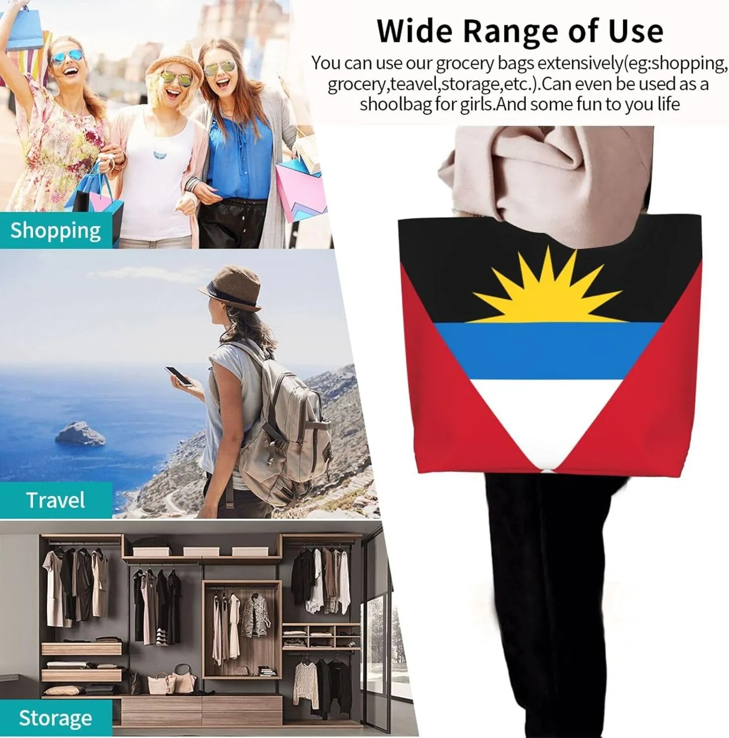 Cute Flag Tote Bag for Women Men Reusable Patriotic Beach Grocery Shopping Bag for Outdoor Gym Shopping