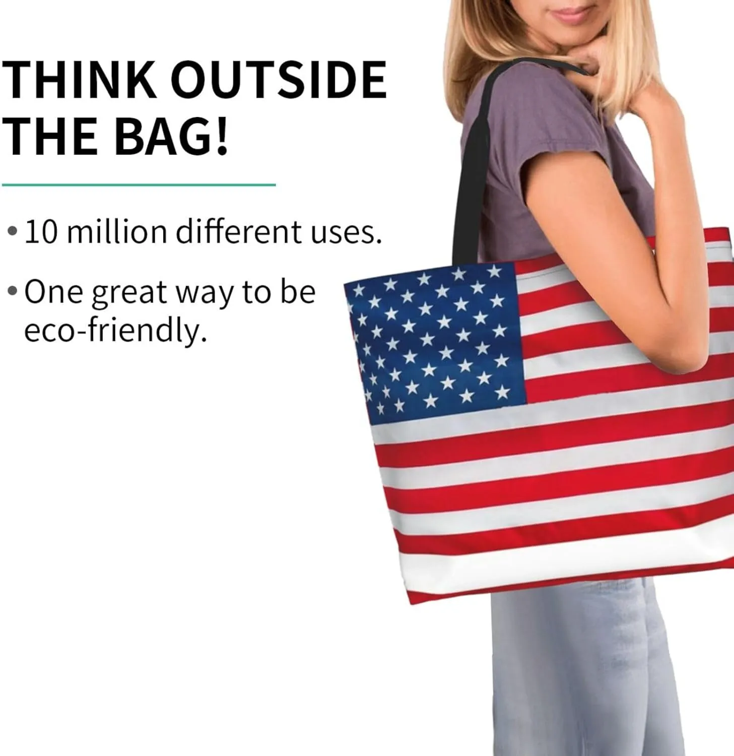 Cute Flag Tote Bag for Women Men Reusable Patriotic Beach Grocery Shopping Bag for Outdoor Gym Shopping