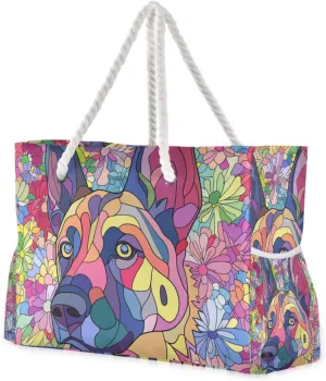 Cute German Shepherd Dog Flower Bags For Work Waterproof Sandproof with side pockets Large Laptop Tote Bag for work