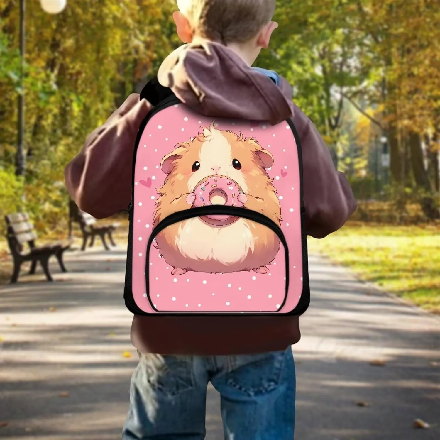 Cute Guinea Pig Backpack for Girls Doughnut Print School Backpack with Front Pocket 12 Inch Bookbag for Laptop Books Umbrella Portable Travel Daypack with Zipper Closure Nice Gifts