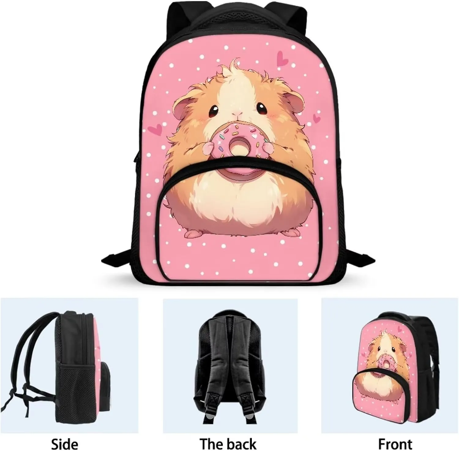 Cute Guinea Pig Backpack for Girls Doughnut Print School Backpack with Front Pocket 12 Inch Bookbag for Laptop Books Umbrella Portable Travel Daypack with Zipper Closure Nice Gifts