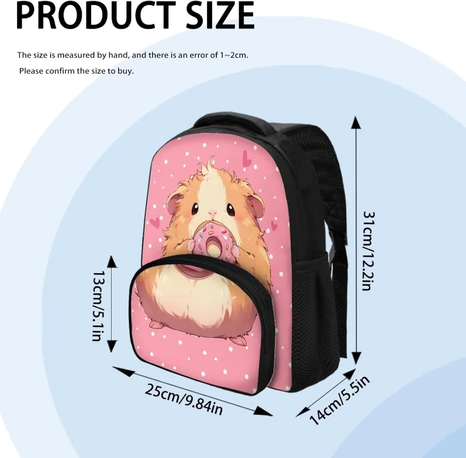 Cute Guinea Pig Backpack for Girls Doughnut Print School Backpack with Front Pocket 12 Inch Bookbag for Laptop Books Umbrella Portable Travel Daypack with Zipper Closure Nice Gifts
