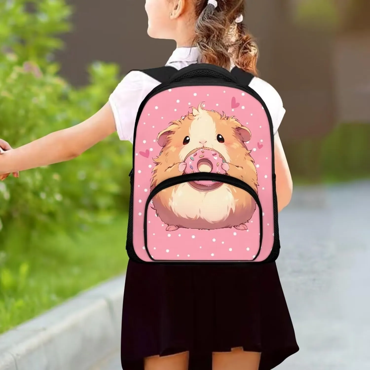 Cute Guinea Pig Backpack for Girls Doughnut Print School Backpack with Front Pocket 12 Inch Bookbag for Laptop Books Umbrella Portable Travel Daypack with Zipper Closure Nice Gifts