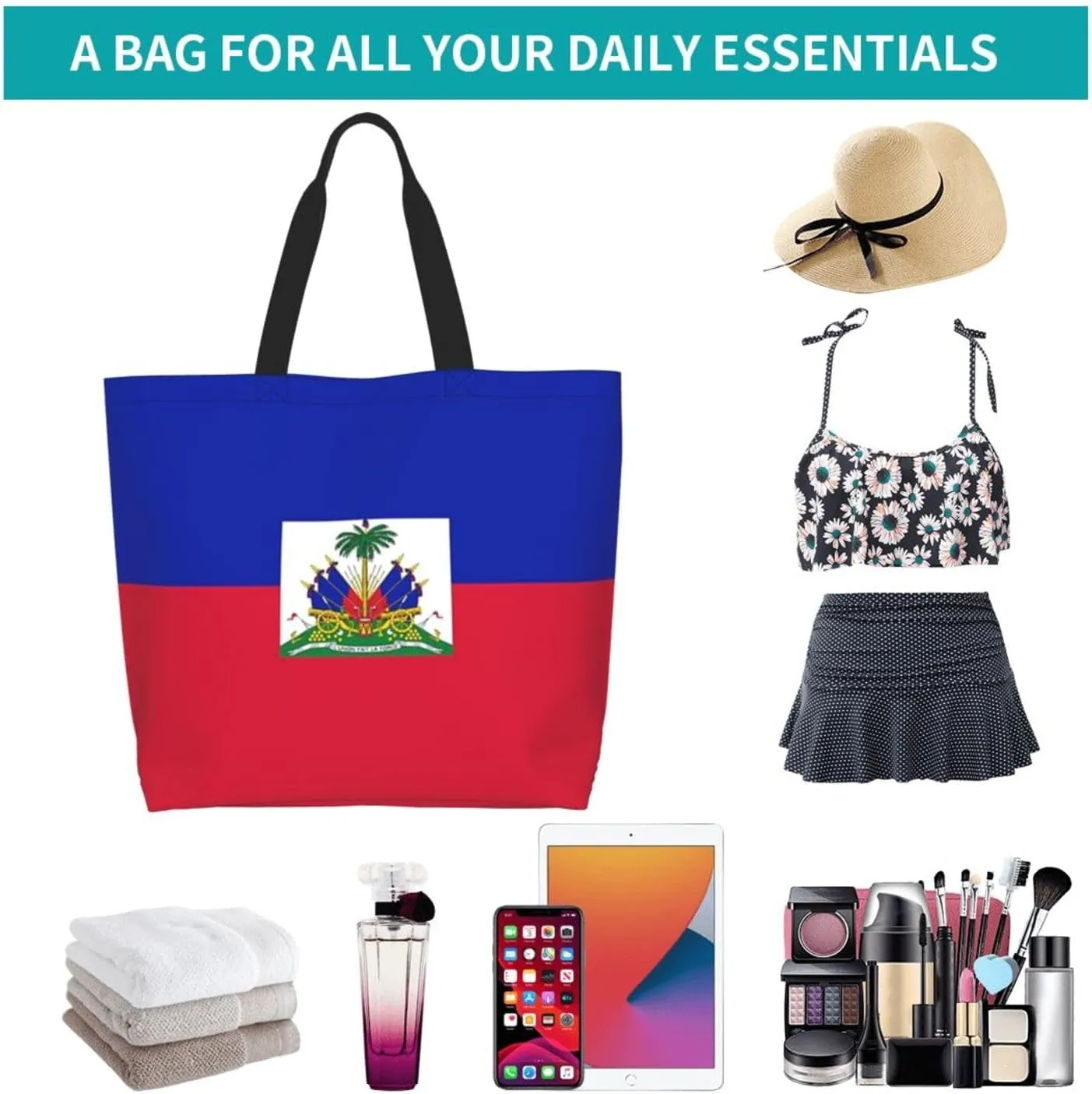 Cute Haiti Haitian Flag Tote Bags for Women Men Travel Grocery Shopping Bags Haitian Shoulder Bag for Work,Travel,Gym