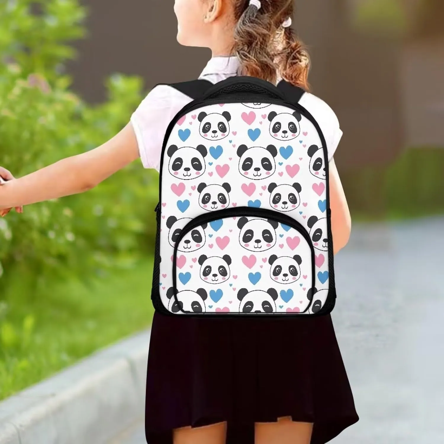 Cute Panda Backpack for Girls Love Heart Backpack with Front Pocket Preschool Elementary School Student Bookbag for Children Fashion 12 Inch Backpack for Teens Back to School Gifts