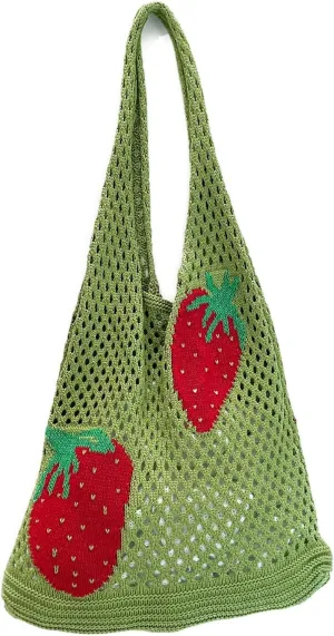 Cute Strawberry Pattern Tote Bag Crochet Tote Bag Shoulder Bag Handbags Knitting Bag Aesthetic Handmade Weaving