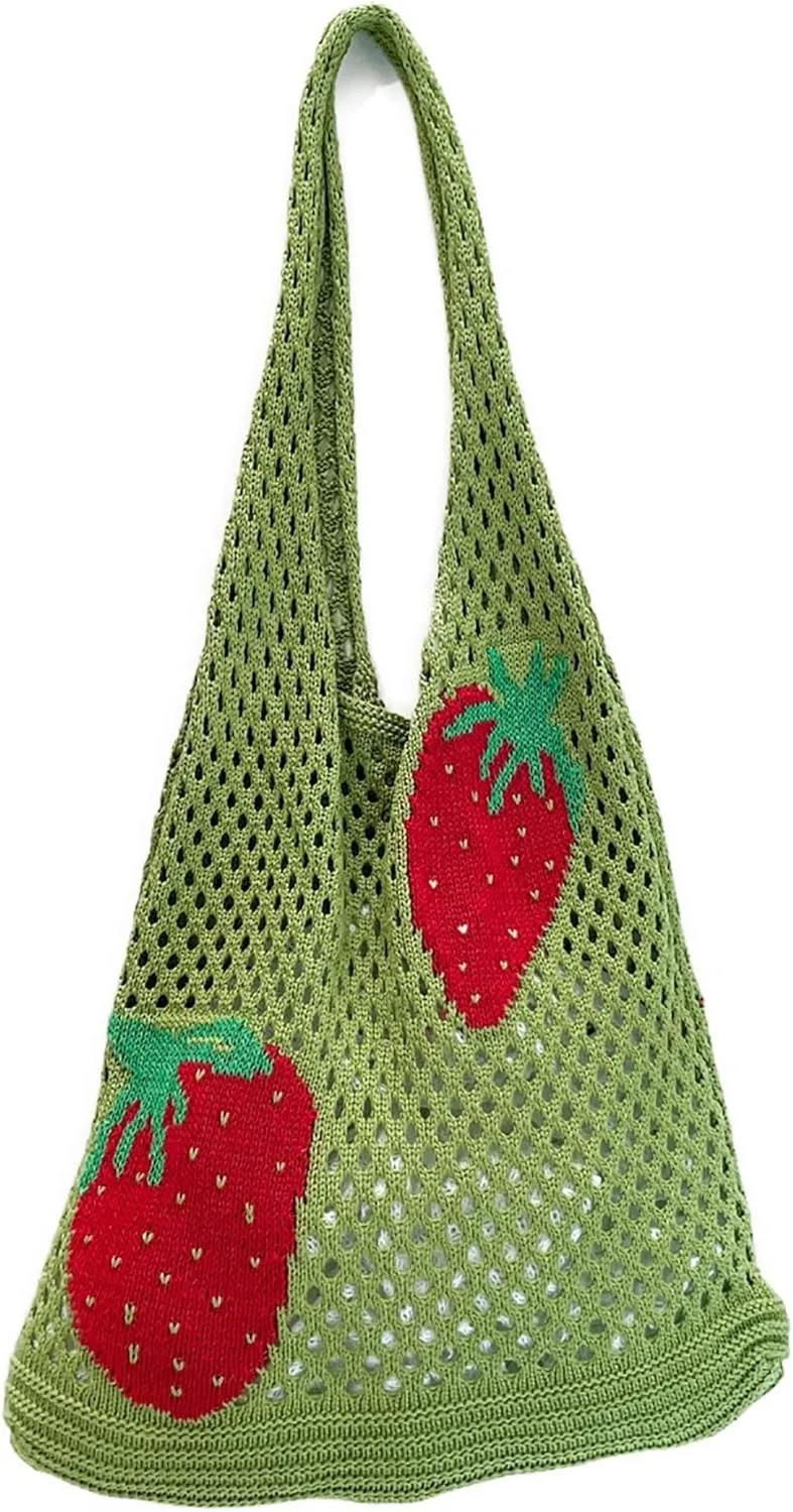 Cute Strawberry Pattern Tote Bag Crochet Tote Bag Shoulder Bag Handbags Knitting Bag Aesthetic Handmade Weaving