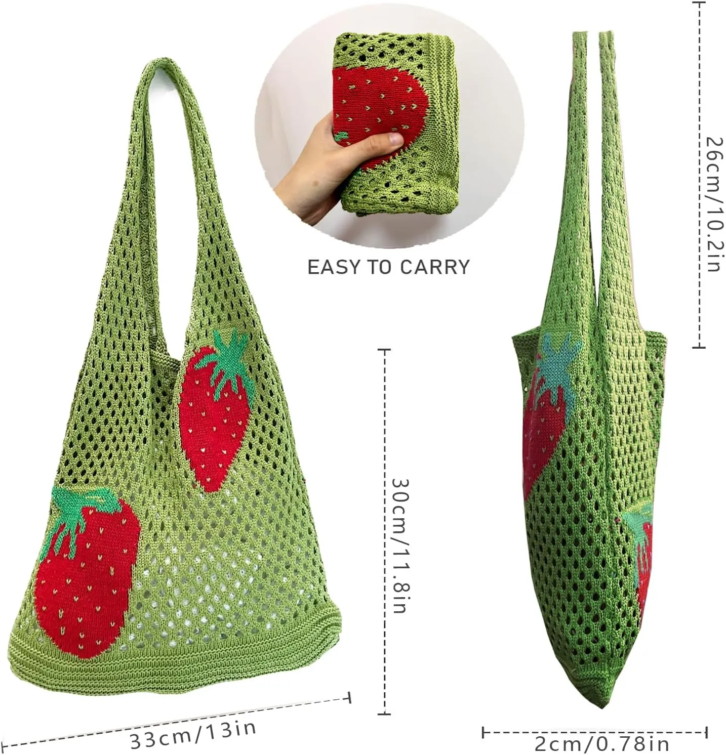Cute Strawberry Pattern Tote Bag Crochet Tote Bag Shoulder Bag Handbags Knitting Bag Aesthetic Handmade Weaving