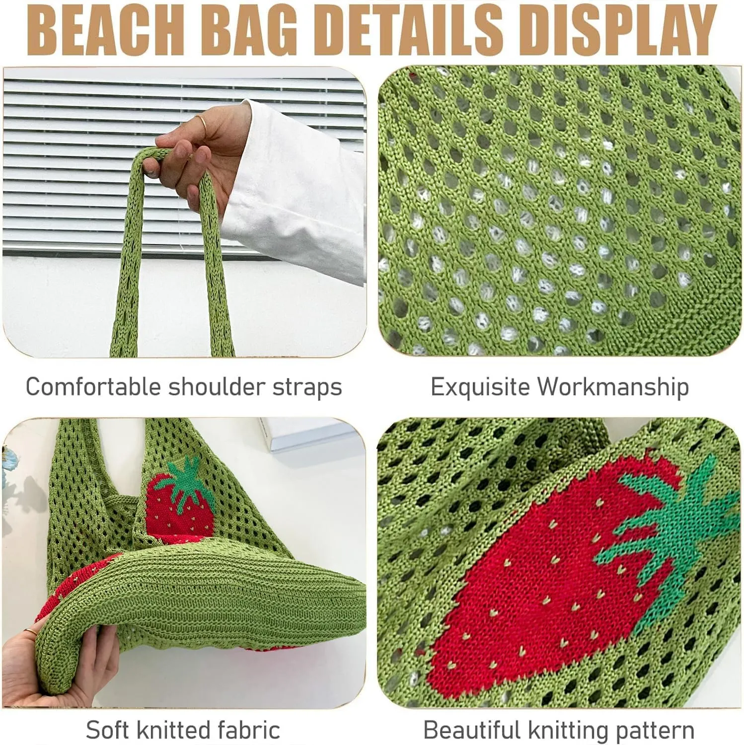 Cute Strawberry Pattern Tote Bag Crochet Tote Bag Shoulder Bag Handbags Knitting Bag Aesthetic Handmade Weaving