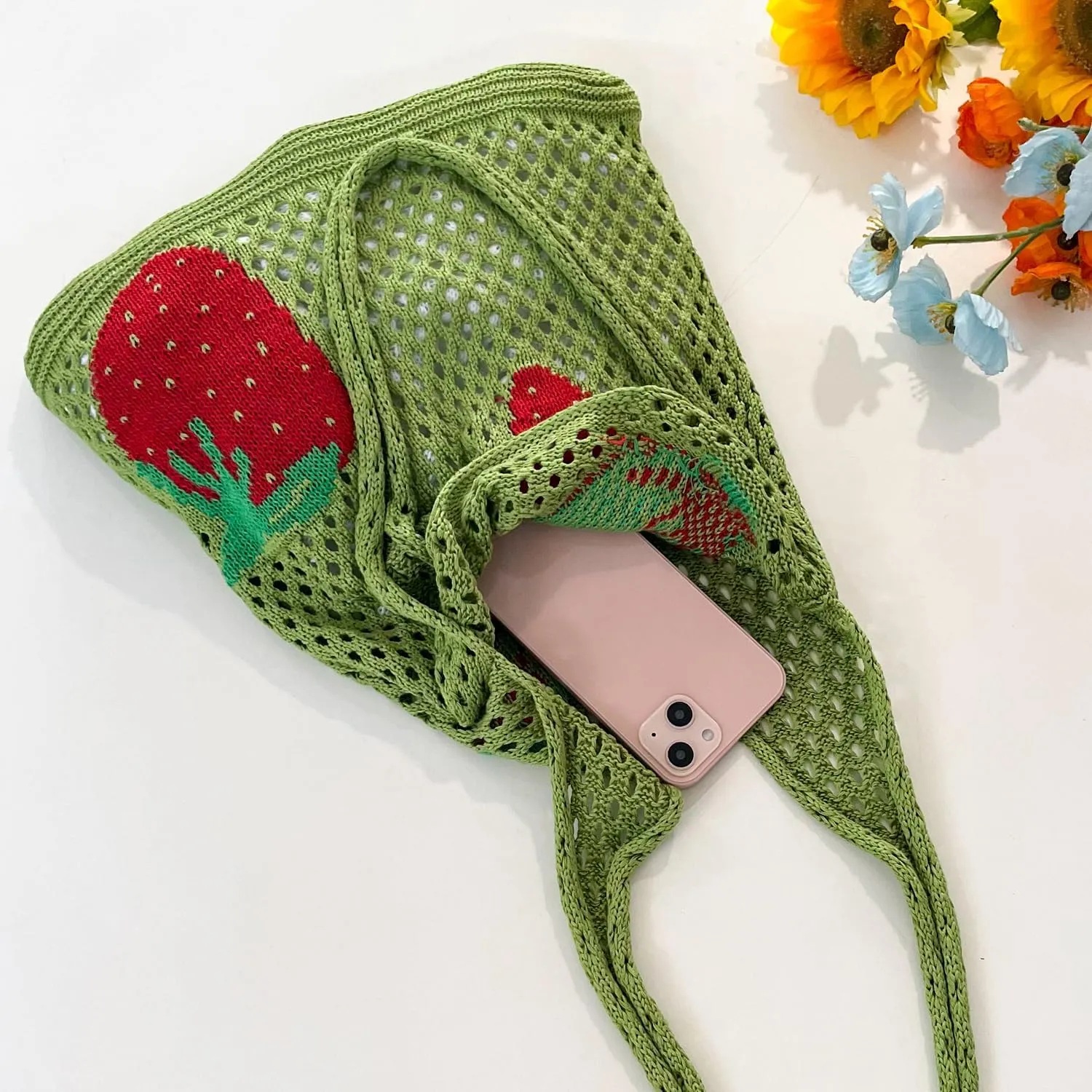 Cute Strawberry Pattern Tote Bag Crochet Tote Bag Shoulder Bag Handbags Knitting Bag Aesthetic Handmade Weaving