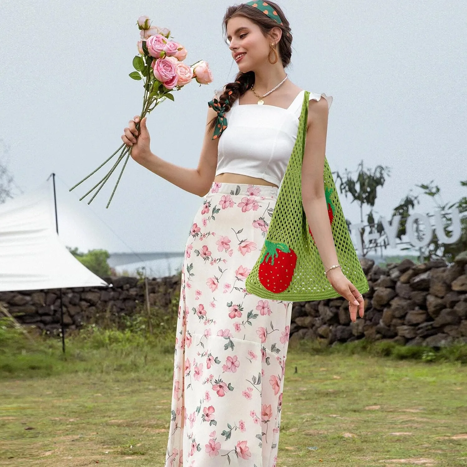 Cute Strawberry Pattern Tote Bag Crochet Tote Bag Shoulder Bag Handbags Knitting Bag Aesthetic Handmade Weaving