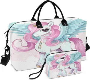 Cute Unicorn Wings Travel Duffel Bag with Toiletry Bag Weekender Bag for Carry on Sports Gym Bag for Sports Yoga Gym