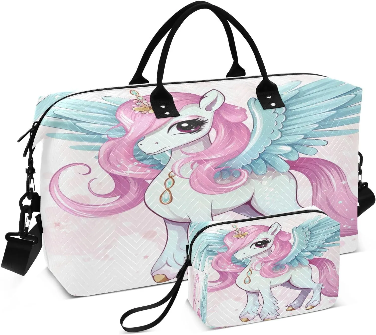 Cute Unicorn Wings Travel Duffel Bag with Toiletry Bag Weekender Bag for Carry on Sports Gym Bag for Sports Yoga Gym