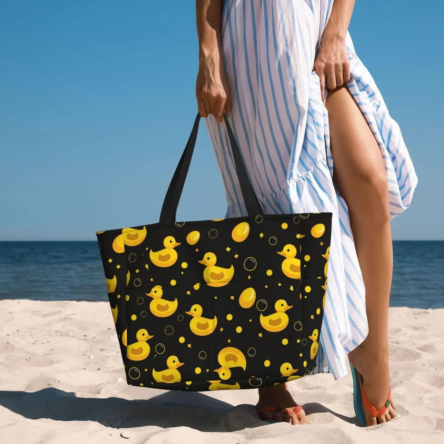Cute Yellow Ducks Beach Tote Pool Bags for Women-Cute Large Gym Grocery Tote Travel Towel Bag,7 Pockets, Zipper