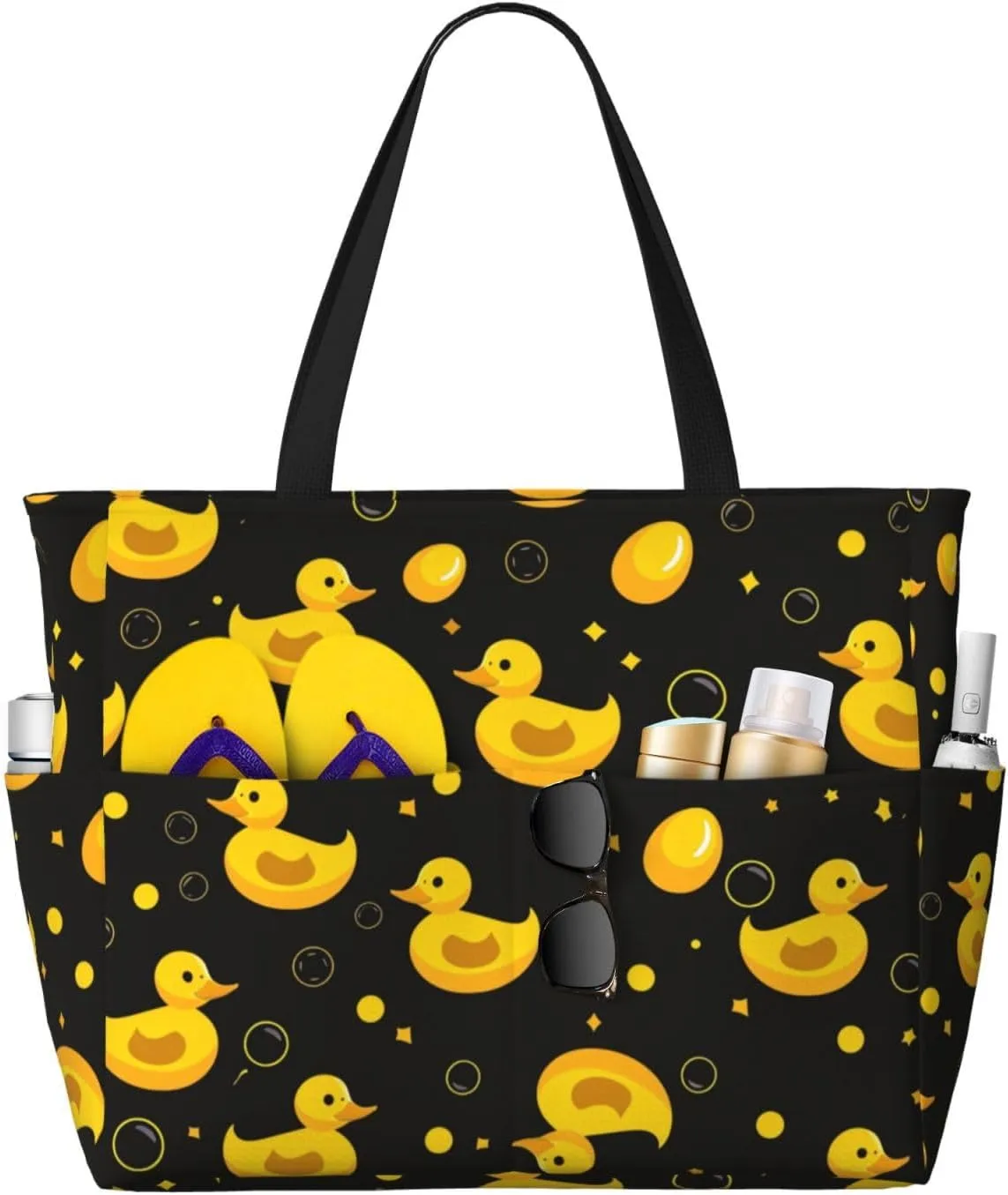 Cute Yellow Ducks Beach Tote Pool Bags for Women-Cute Large Gym Grocery Tote Travel Towel Bag,7 Pockets, Zipper