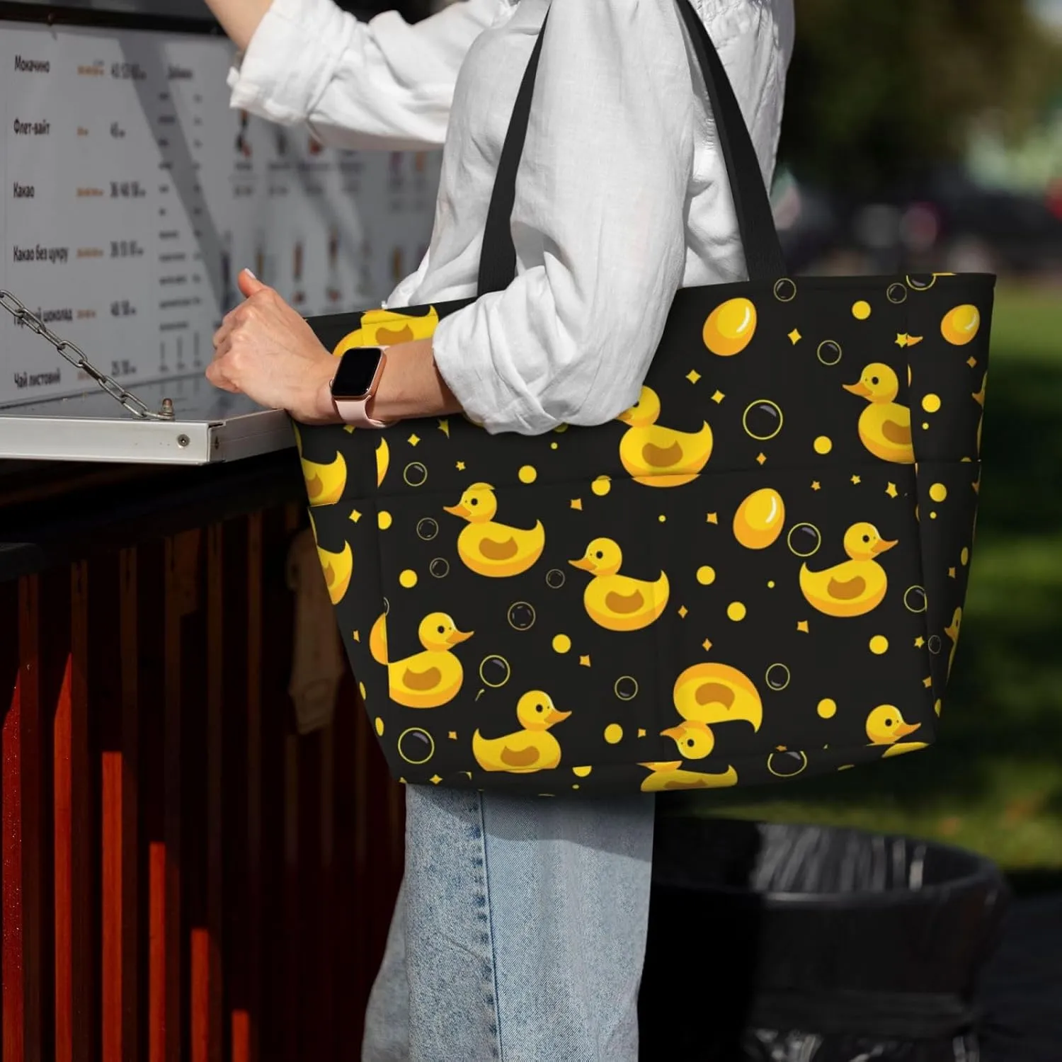 Cute Yellow Ducks Beach Tote Pool Bags for Women-Cute Large Gym Grocery Tote Travel Towel Bag,7 Pockets, Zipper
