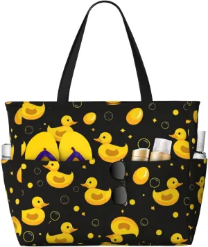 Cute Yellow Ducks Beach Tote Pool Bags for Women-Cute Large Gym Grocery Tote Travel Towel Bag,7 Pockets, Zipper