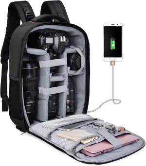 Cwatcun Camera Backpack Professional DSLR Bag with USB Charging Port Rain Cover, Photography Laptop Backpack for Women Men Waterproof, Camera Case Compatible for Sony Canon Nikon Lens Tripod (Black)