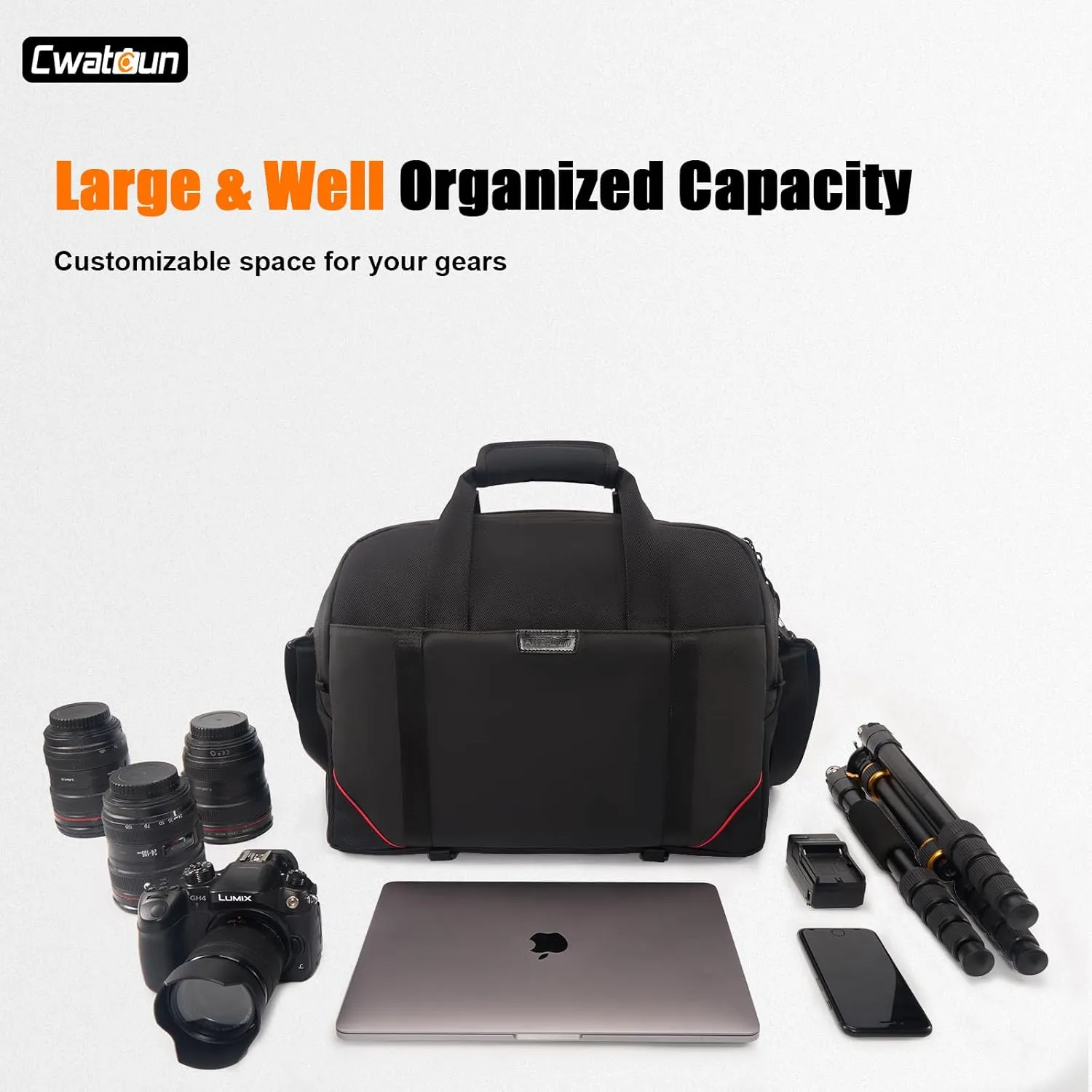 Cwatcun Camera Bag Crossbody, DSLR/SLR/Mirrorless Camera Bags for Photographers with Tripod Holder&Laptop, Camera Case Compatible with Canon/Nikon/Sony - Large