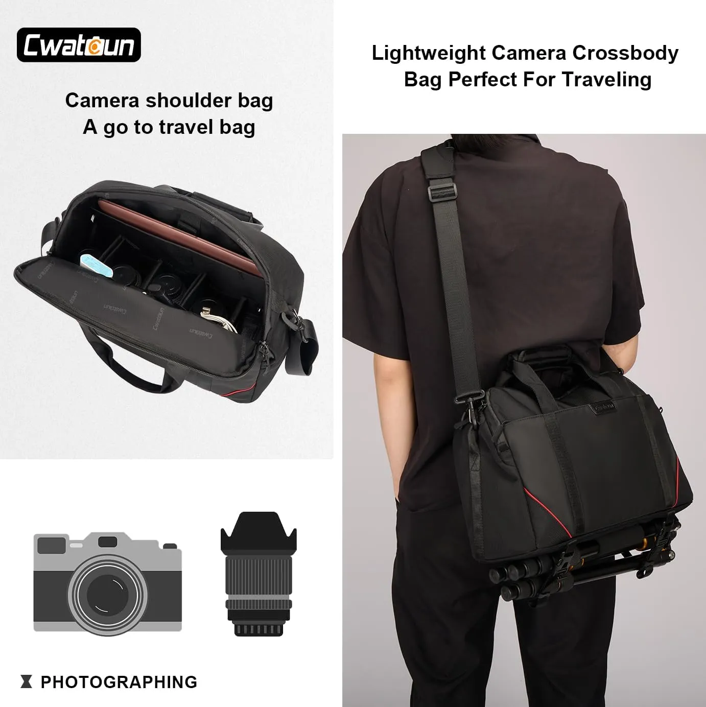 Cwatcun Camera Bag Crossbody, DSLR/SLR/Mirrorless Camera Bags for Photographers with Tripod Holder&Laptop, Camera Case Compatible with Canon/Nikon/Sony - Large