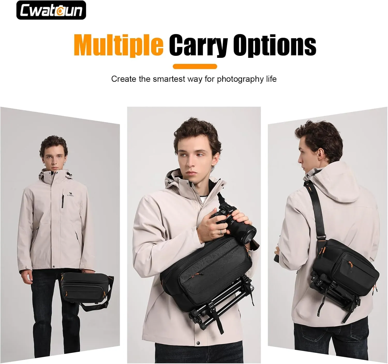 Cwatcun Camera Sling Bag, DSLR Compact Camera Shoulder Bag Crossbody with Tripod Strap, Photography Bag Case Purse for Canon Nikon Sony Fuji DSLR/SLR/Mirrorless Cameras