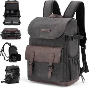 Cwatcun Canvas Camera Backpack, DSLR SLR Camera Bags for Photographers with Waterproof Rain Cover, Camera Case with Laptop Compartment & Tripod Holder for Canon Nikon Sony Fuji Camera & Lenses