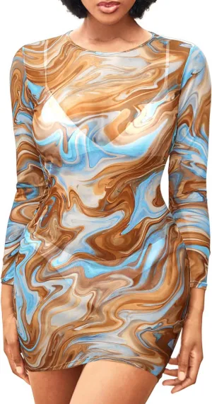 Daci Women's Sexy Sheer Mesh Swimsuit Cover up with Long Sleeves Beach Dress Bodycon Style