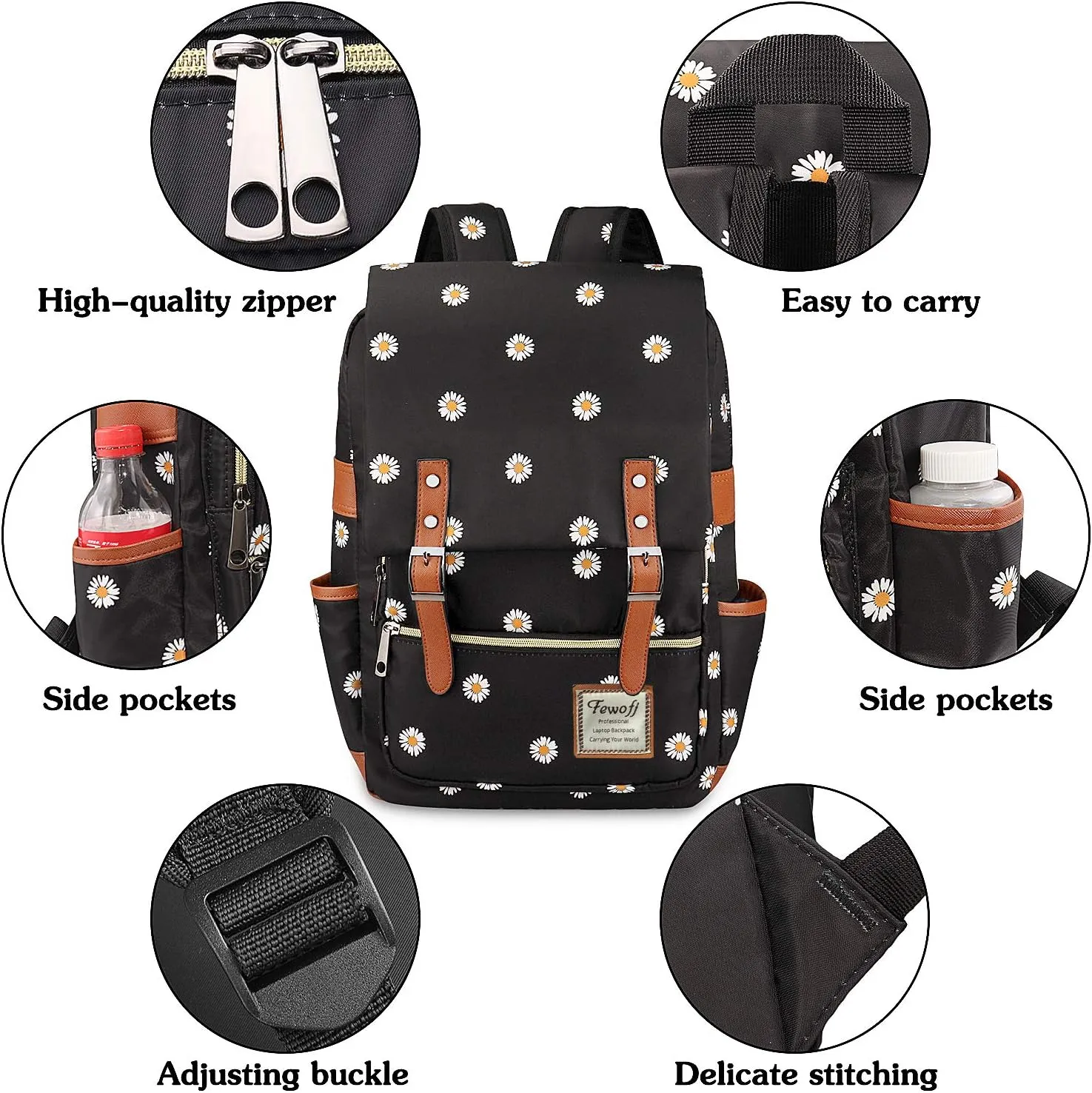 Daisy School Backpack for Girls Women,College School Bookbags for Teenagers (Black)