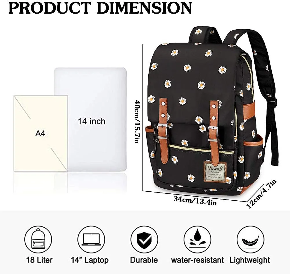 Daisy School Backpack for Girls Women,College School Bookbags for Teenagers (Black)
