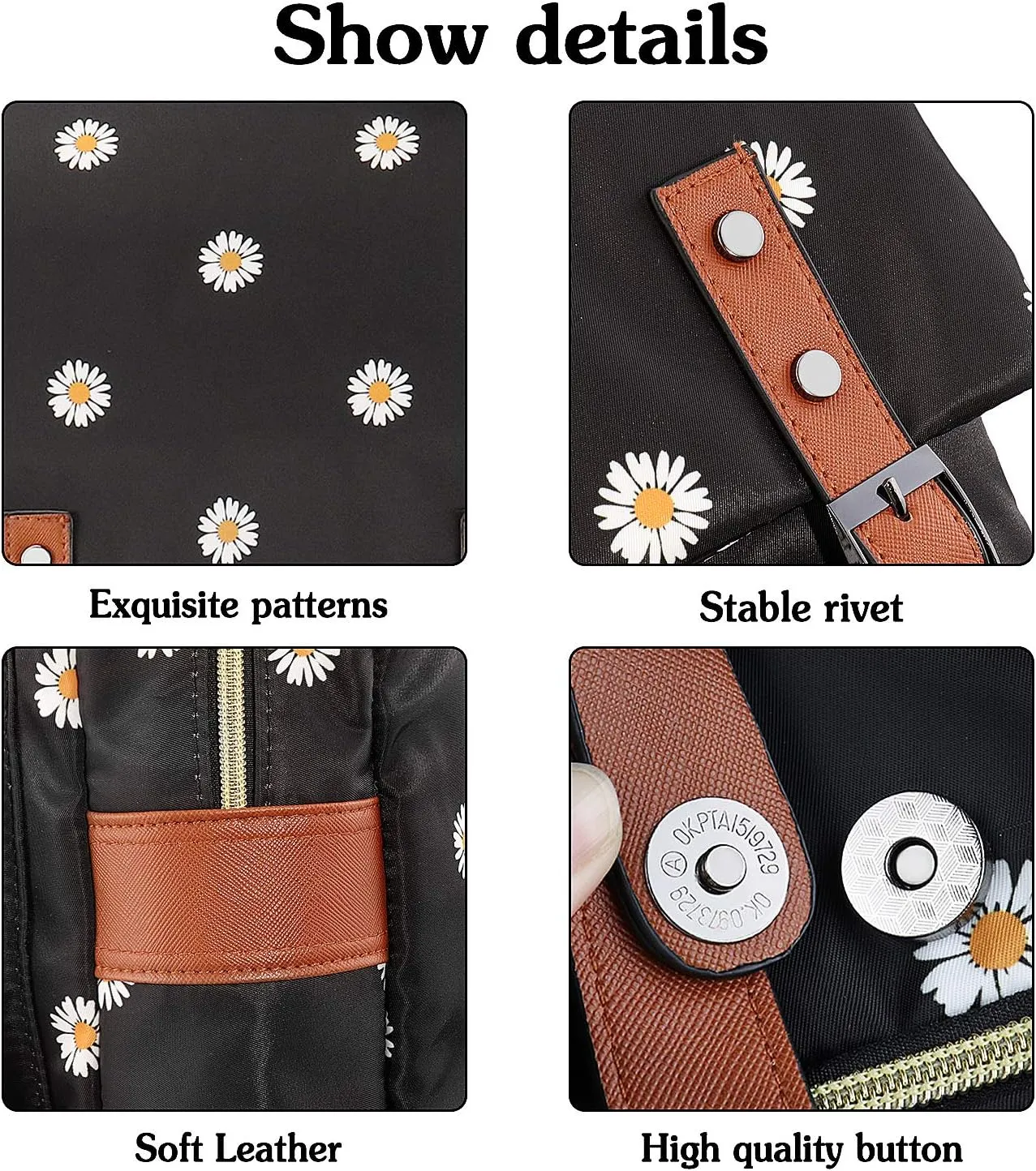 Daisy School Backpack for Girls Women,College School Bookbags for Teenagers (Black)