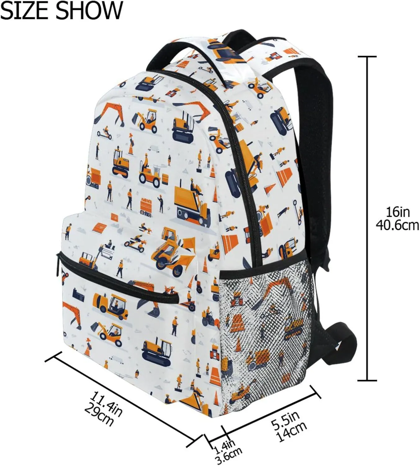 Day Backpack for Men and Women Waterproof Backpack With Water Bottle Pocket with Chest Strap Gift Men & Women Construction Scene Concrete Mixer Truck Bulldozer