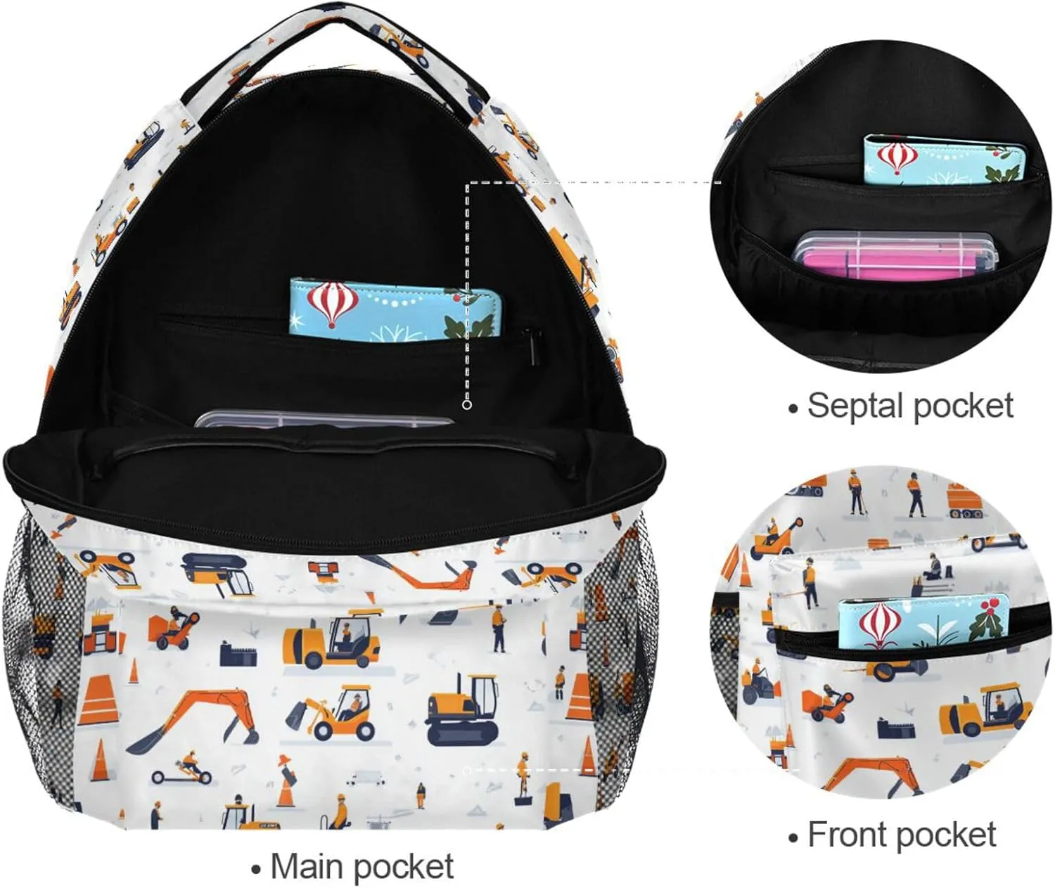 Day Backpack for Men and Women Waterproof Backpack With Water Bottle Pocket with Chest Strap Gift Men & Women Construction Scene Concrete Mixer Truck Bulldozer