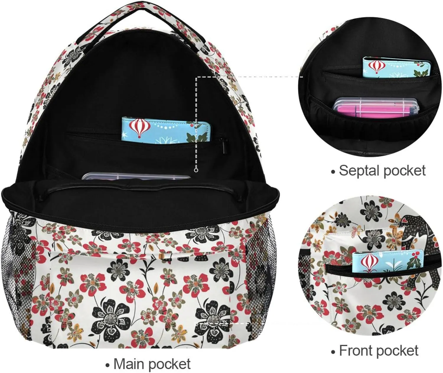 Day Backpack for Men Women Fashion Laptop Bookbag with Chest Strap for College Work Bohemian Elephants Flowers White