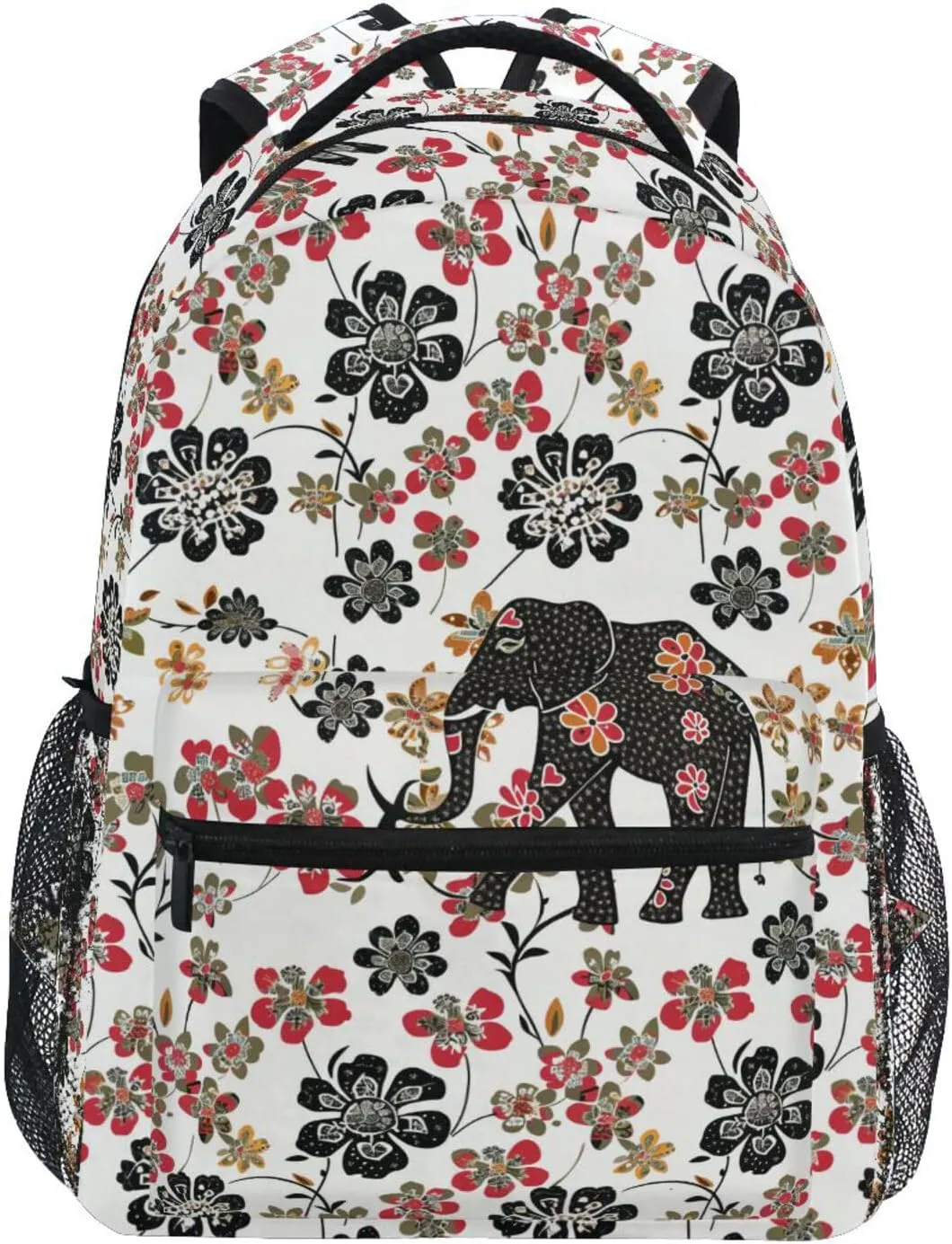 Day Backpack for Men Women Fashion Laptop Bookbag with Chest Strap for College Work Bohemian Elephants Flowers White
