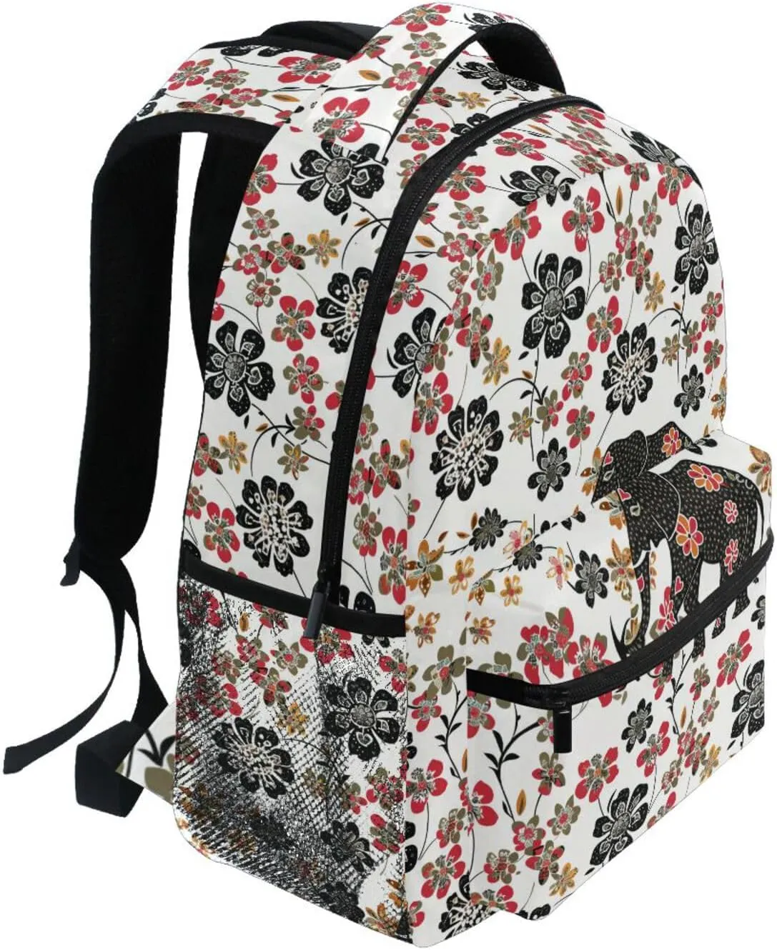 Day Backpack for Men Women Fashion Laptop Bookbag with Chest Strap for College Work Bohemian Elephants Flowers White