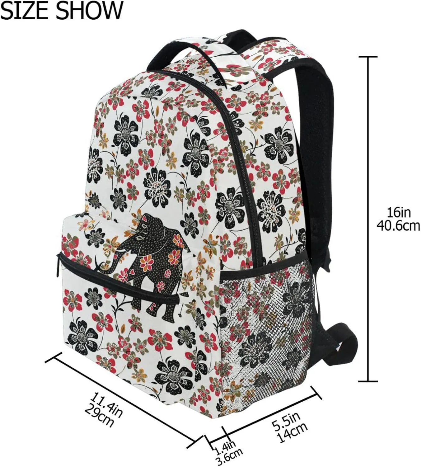 Day Backpack for Men Women Fashion Laptop Bookbag with Chest Strap for College Work Bohemian Elephants Flowers White