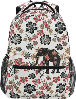 Day Backpack for Men Women Fashion Laptop Bookbag with Chest Strap for College Work Bohemian Elephants Flowers White