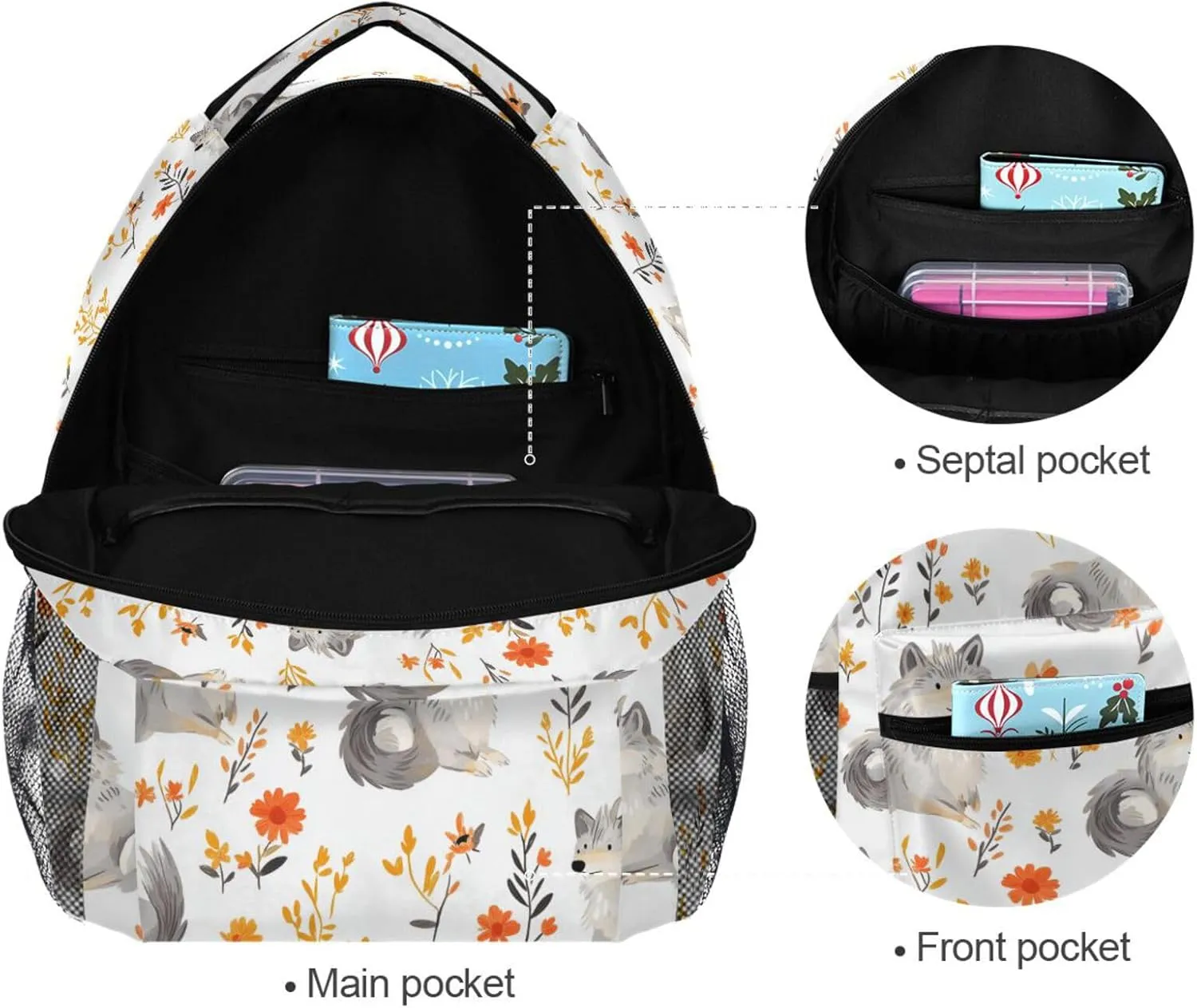 Day Backpack for Teacher Nurse Fashion Backpack with Chest Strap Gift Men & Women Cartoon Sweet Wolf White