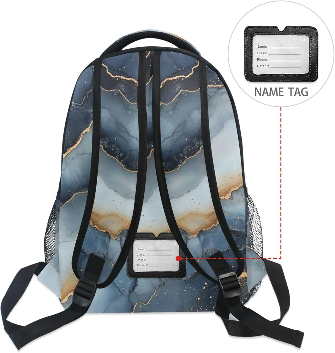 Day Backpack for Teacher Nurse Fashion Laptop Bookbag with Chest Strap for College Work Marble Navy Blue Beige